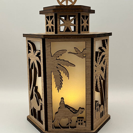 Back side of the lit 6-sided Nativity lantern