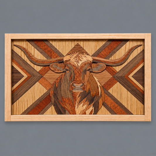A rectangular wooden wall art piece featuring a carved longhorn steer or bull head in layered wood tones, set against a geometric wood inlay background. The piece is framed in light natural wood and shown against a solid dark gray background.