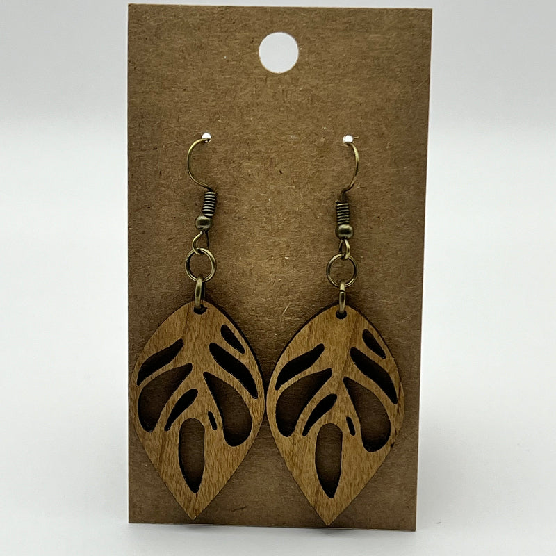 Laser-cut wood leaf-shaped earrings