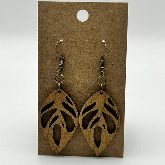 Laser-cut wood leaf-shaped earrings