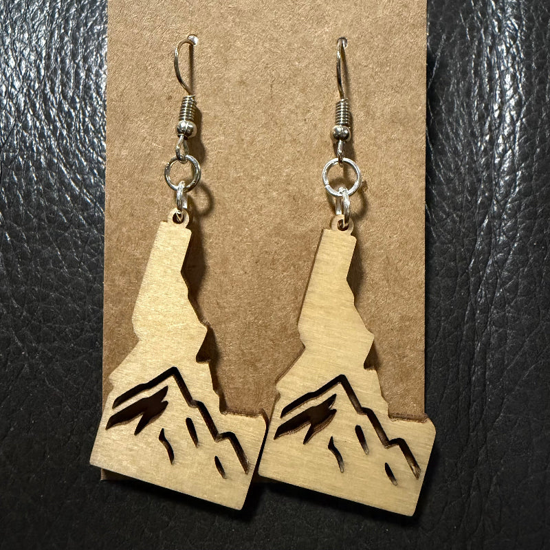 Idaho earrings shown in maple wood