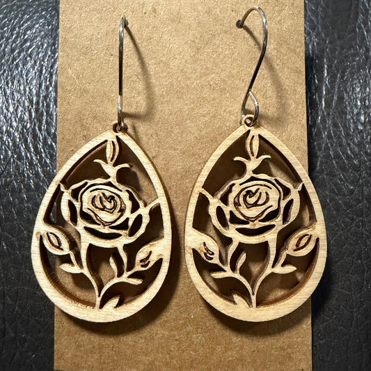 Rose cut wood earrings shown from another angle