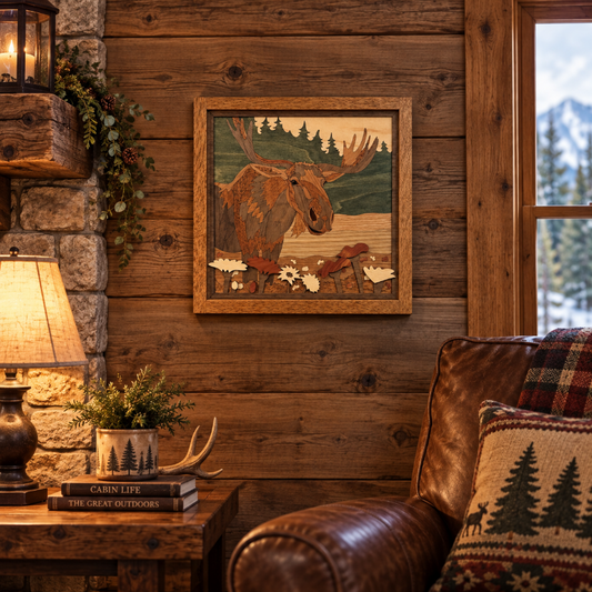 A framed rustic moose artwork hangs on a wood-paneled wall in a cozy cabin-style living room with a leather armchair, lamp, side table, and window view.