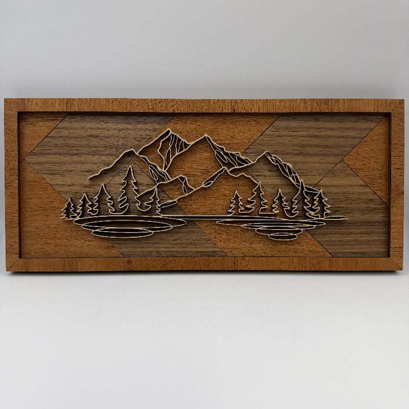 Mountain line art wood wall decor, Herringbone backer