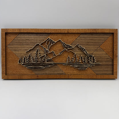 Mountain line art wood wall decor, Herringbone backer