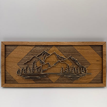 Mountain line art wood wall decor, Geometric Diamond backer