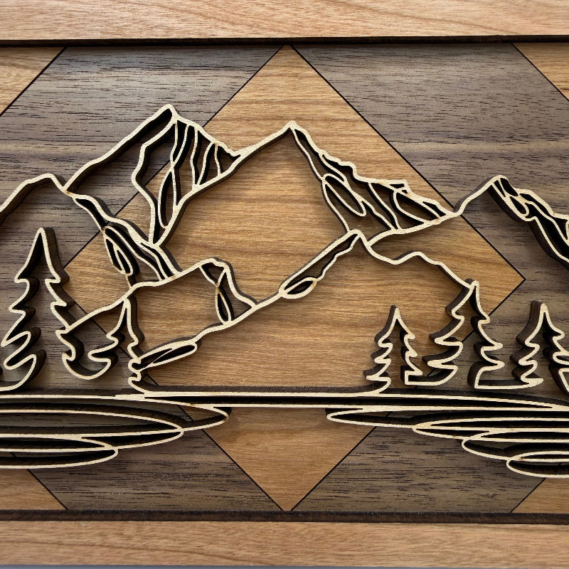 Mountain line art wood wall decor, Geometric Diamond backer (close-up)