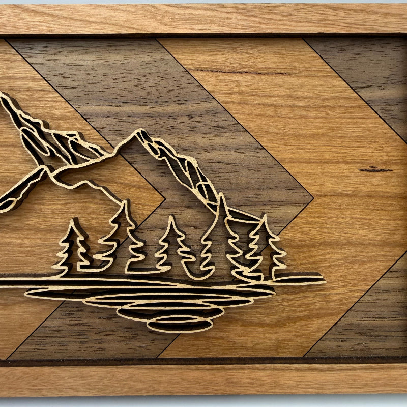 Mountain line art wood wall decor, Geometric Diamond backer (close-up)