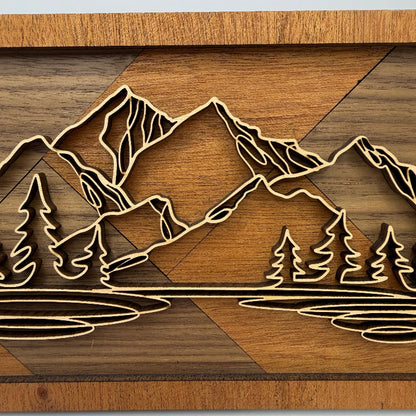 Mountain line art wood wall decor, Herringbone backer (close-up)