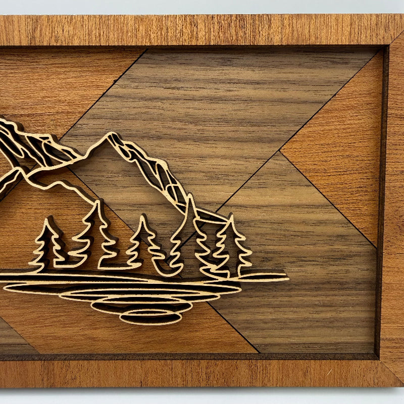 Mountain line art wood wall decor, Herringbone backer (close-up)