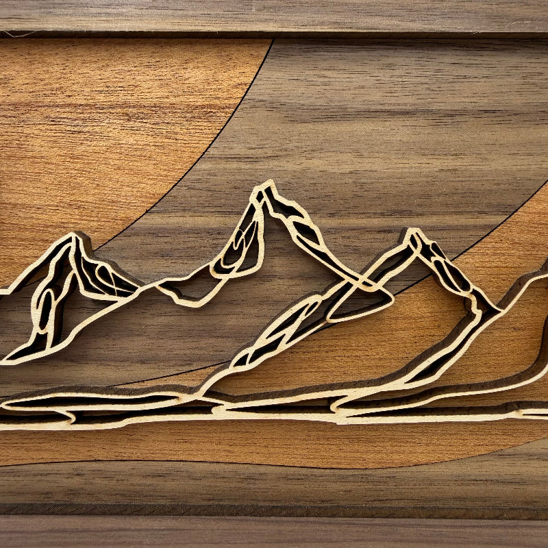 Mountain with Moon line art wood wall decor (close-up)
