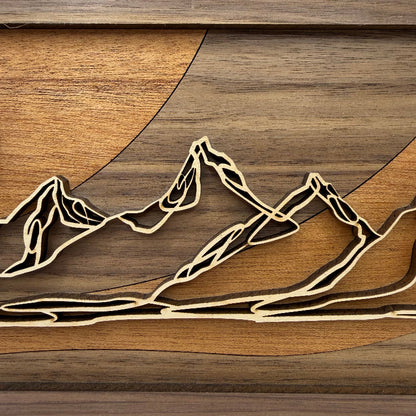 Mountain with Moon line art wood wall decor (close-up)