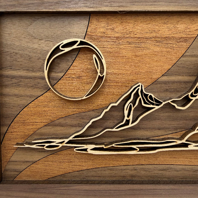 Mountain with Moon line art wood wall decor (close-up)