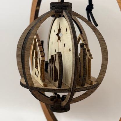 Detail view of the 3D Nativity wood ornament design