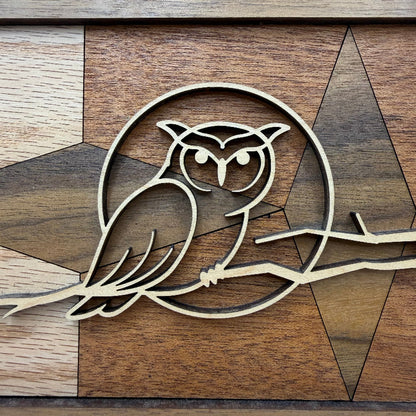 Owl line art wood wall decor (close-up)