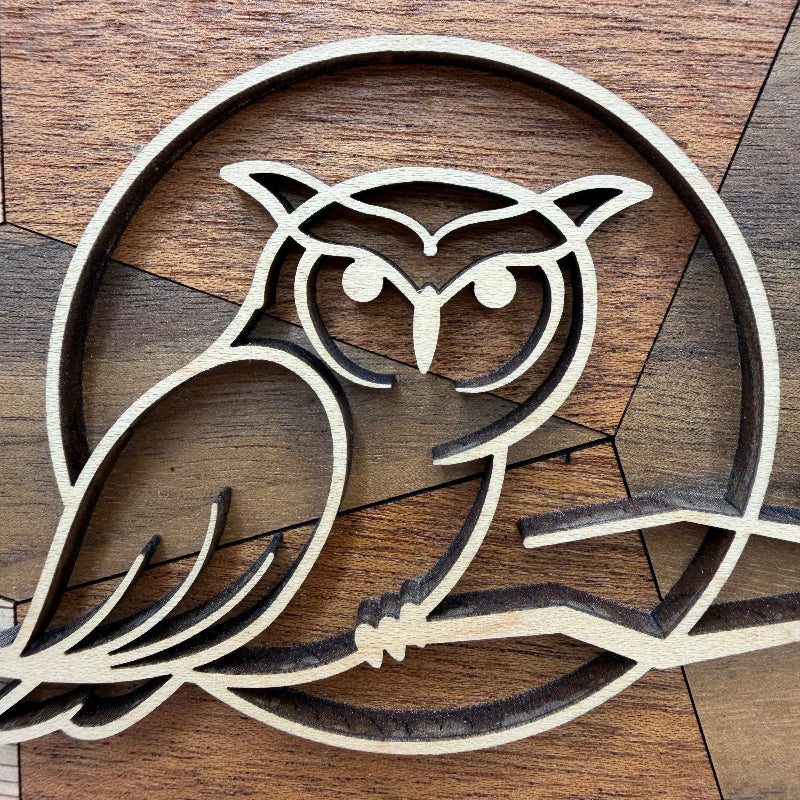 Owl line art wood wall decor (close-up)