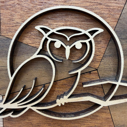 Owl line art wood wall decor (close-up)
