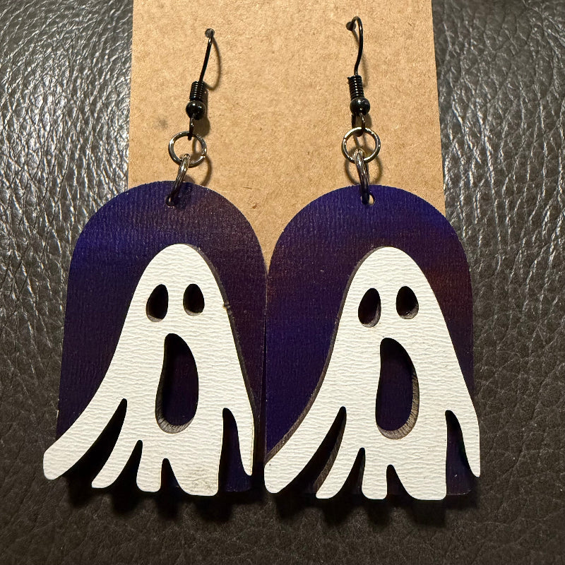 Tombstone-shaped earrings with a UV-printed ghost design