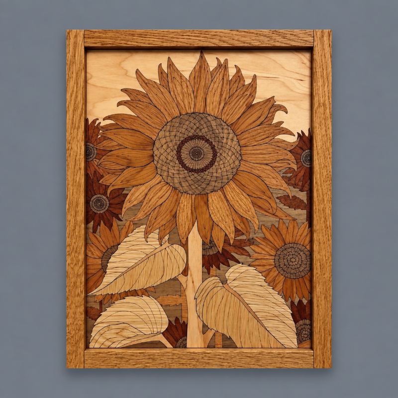 A framed wooden inlay artwork depicting a sunflower and leaves, crafted from maple, oak, walnut, cherry, mahogany, and hickory in a mahogany frame, shown against a solid gray background.