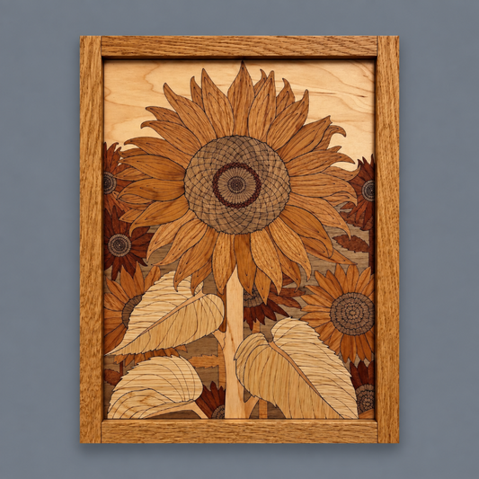 A framed wooden inlay artwork depicting a sunflower and leaves, crafted from maple, oak, walnut, cherry, mahogany, and hickory in a mahogany frame, shown against a solid gray background.