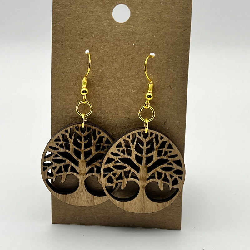 Wood or black acrylic earrings with laser-cut tree of life design