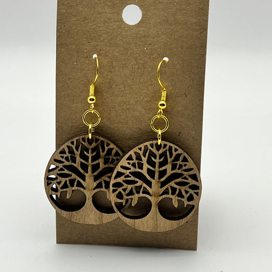 Wood or black acrylic earrings with laser-cut tree of life design