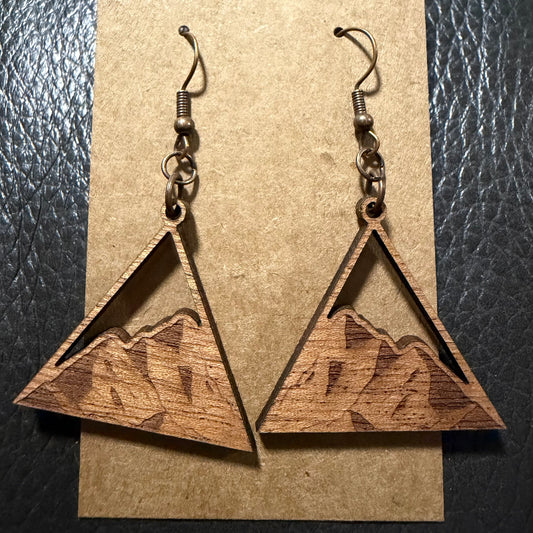 Triangle mountain wood earrings shown from another angle