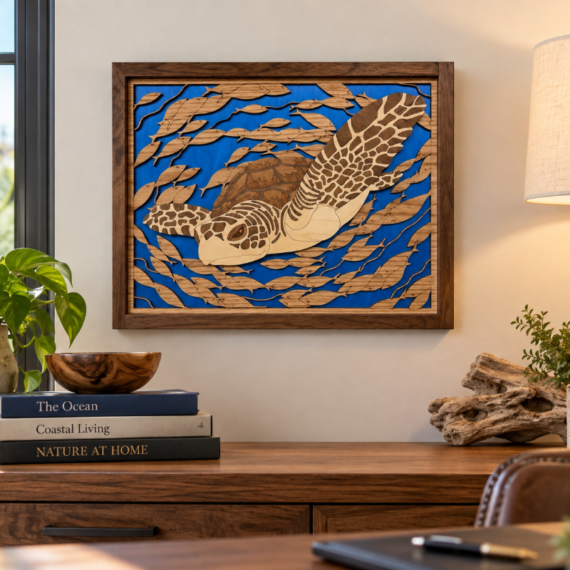 A framed wooden wall art piece featuring a sea turtle layered over blue wood cutouts, displayed on a wooden console table in a styled room with books, plants, and a lamp.
