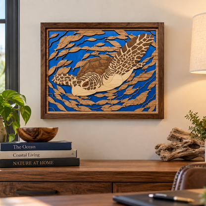 A framed wooden wall art piece featuring a sea turtle layered over blue wood cutouts, displayed on a wooden console table in a styled room with books, plants, and a lamp.