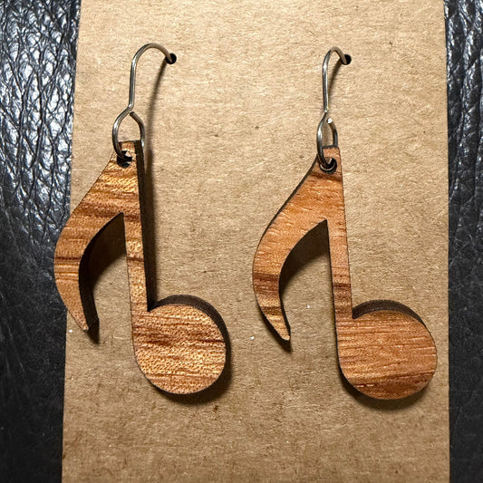 Music note wood earrings shown from another angle