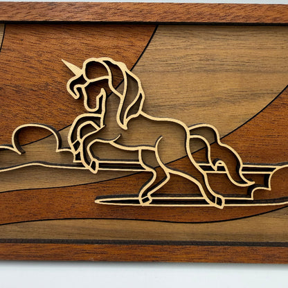 Unicorn line art wood wall decor (close-up)