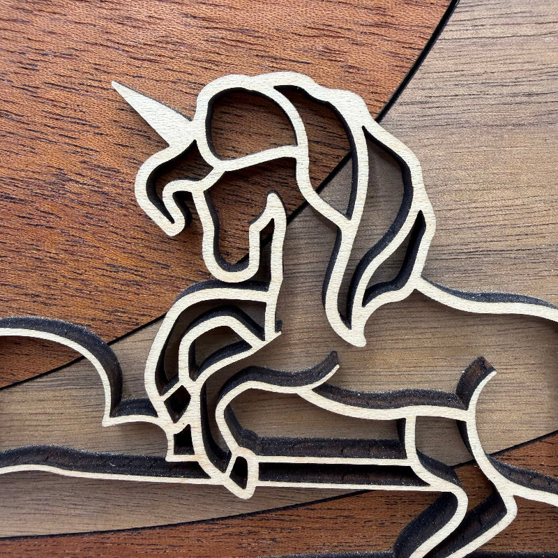 Unicorn line art wood wall decor (close-up)