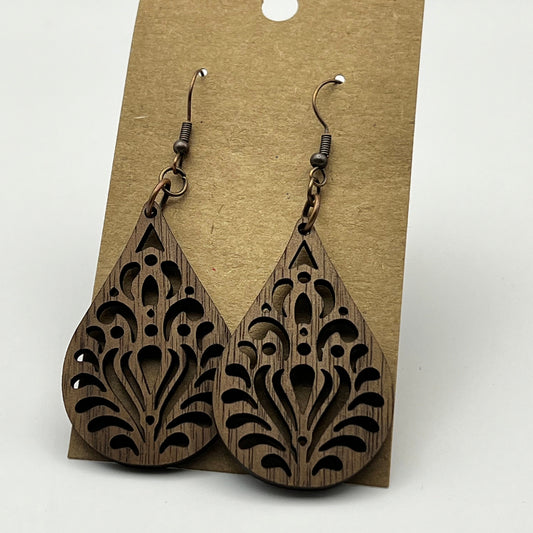 Teardrop-shaped wood earrings in cherry or walnut, single layer design