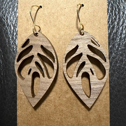 Leaf shaped wood earrings shown from another angle
